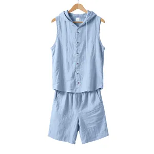 Front view of men's light blue sleeveless hooded button shirt and casual shorts set