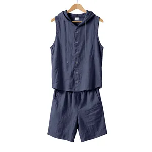 Herren Casual Leinen Kapuzenhemd ärmellos und Shorts zweiteiliges Set in Marineblau.