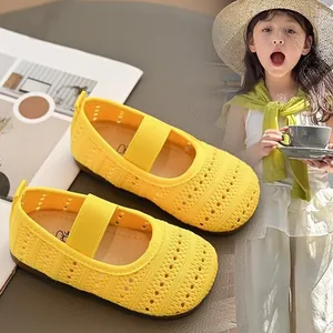 Meisjes Zomer Opengewerkte Ademende Gebreide Prinsessen Schoenen Casual Effen Kleur Mary Jane Flats Slip-On Zachte Zool