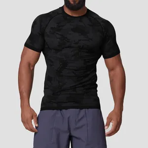 Men's Seamless Jacquard Camo Gym T-Shirt Quick Dry Slim Fit Compression Workout Top Running Fitness Training Sport Shirt