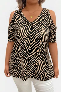 Plus size zebra print V-neck top with cold shoulder cutouts for casual summer wear
