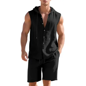Lässiges schwarzes Herren-Set aus ärmellosem Kapuzenhemd und Shorts in Leinenoptik.
