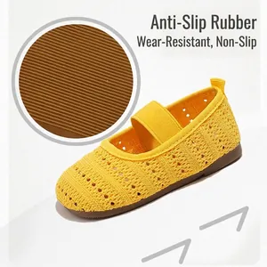 Ademende geel gebreide prinsessenschoenen voor meisjes met antislip rubberen zool