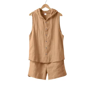 Detailed view of men's summer two-piece linen hooded sleeveless shirt and shorts set