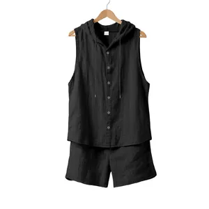 Vollansicht des schwarzen Leinen-Sets für Herren mit ärmellosem Kapuzenpullover.