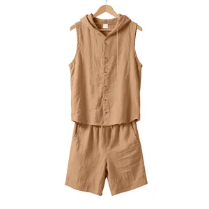 Men's summer casual linen two-piece set featuring a sleeveless hooded shirt and shorts