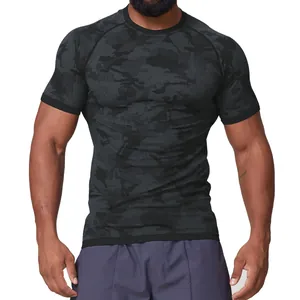 Men's seamless jacquard quick-dry camouflage compression gym training workout shirt