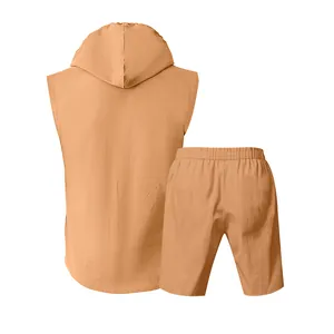 Back view of men's summer two-piece sleeveless hooded linen shirt and shorts set