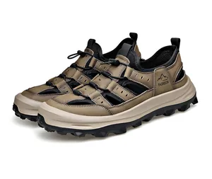 Sandales de plage en cuir pour hommes avec bout fermé et semelle en mousse souple durable