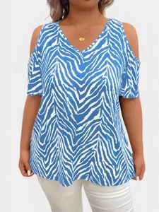 Plus size blue zebra print cold shoulder top with V-neckline