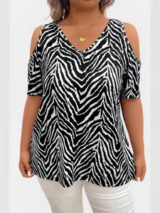 Stylish plus size zebra print V-neck top with cold shoulder cut-outs for summer wear
