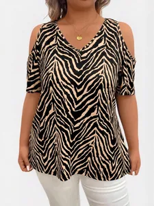 Stylish plus size zebra print cold shoulder V-neck top for summer casual vacation wear