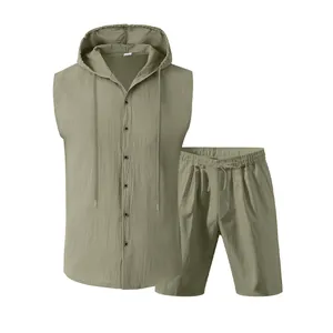 Zweiteiliges Leinen-Set für Herren mit ärmellosem Kapuzenhemd und passenden Shorts