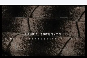 Macro detail of men's winter jacket showing 100% nylon fabric and polyester lining