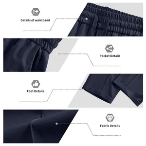 Gros plans détaillés de la taille, des poches et du tissu d'un pantalon décontracté marine.