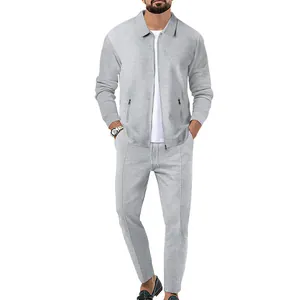 Ensemble deux pièces élégant en maille gaufrée grise pour hommes avec veste et pantalon