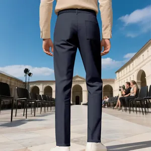 Pantalon décontracté bleu marine ajusté pour hommes, couleur unie, vue arrière détail