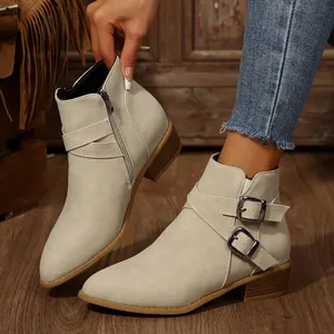 Pointed Toe Ankle Boots For Women Synthetic Leather Chunky Heel Buckle Strap Side Zipper Autumn Winter Fashion Footwear Shoes