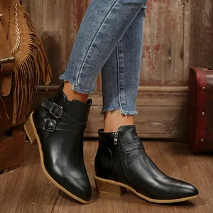 Stylish women's black pointed-toe leather ankle boots with chunky heel and side zip closure
