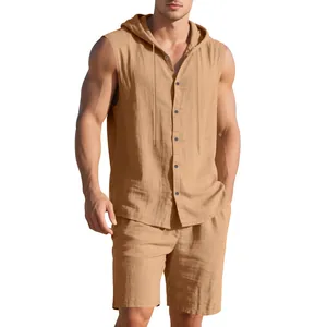 Hochwertiges 2-teiliges Set aus ärmellosem Kapuzenhemd und Shorts aus Leinen für Herren
