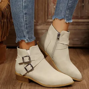 Elegant women's pointed toe block heel ankle boots with side buckles and zipper closure