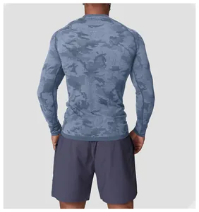 Men's blue camouflage jacquard seamless slim fit sports long sleeve tee back view