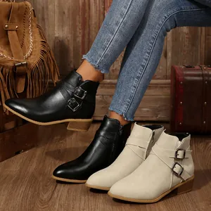 Fashionable women's pointed toe chunky heel ankle boots with side zipper and buckle straps