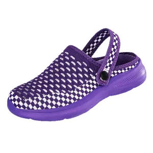Comfortable purple breathable mesh clogs featuring a stylish checkerboard pattern strap