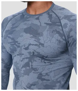 Close-up of seamless jacquard camouflage pattern on athletic long-sleeve gym shirt