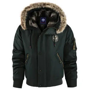 Men's stylish dark green winter hooded jacket with thick fur trim and warm fleece lining