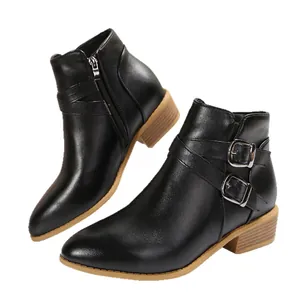 Stylish women's black leather pointed toe ankle boots featuring block heel and side buckle straps