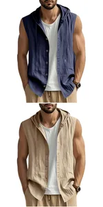 Vista frontal de camisas de lino sin mangas con capucha para hombre en azul y caqui