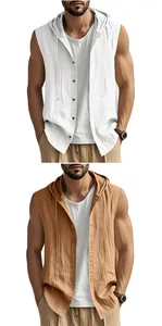 Camisa sin mangas con capucha para hombre en lino blanco y marrón, detalle de verano.