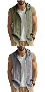 Vistas detalladas de camisas casuales sin mangas con capucha de lino para hombre, verde y gris