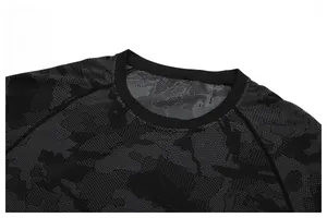 Detailed view of seamless jacquard athletic shirt neckline with breathable camouflage fabric