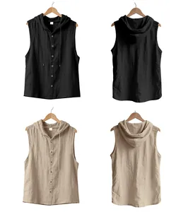 Vistas delantera y trasera de camisas de lino con capucha para hombre en negro y beige.