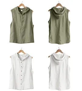 Vistas frontal y posterior de camisas de lino sin mangas con capucha para hombre en blanco