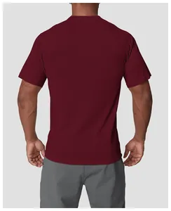 Back view of men's burgundy quick-dry sports t-shirt showing breathable fabric texture.