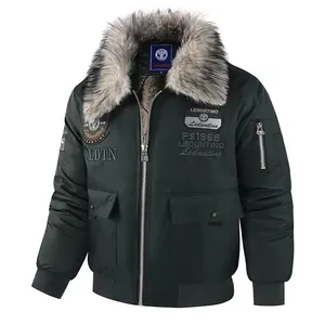 Men's dark green winter bomber jacket with a thick faux fur collar and ribbed cuffs