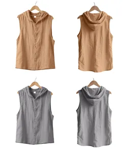 Camisa sin mangas con capucha para hombre en lino, chaleco transpirable de verano, beige.