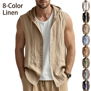 Camisa con Capucha sin Mangas Casual para Hombre Mezcla de Lino Transpirable Corte Holgado con Botones Moda de Verano Top