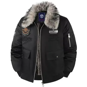Men's heavy padded black bomber jacket with grey faux fur collar and tactical patches