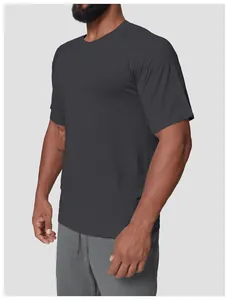 Side view of men's charcoal grey quick-dry athletic t-shirt showing seamless texture