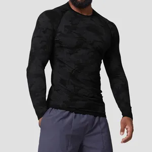 Men's seamless camo long sleeve athletic shirt quick dry compression gym top.