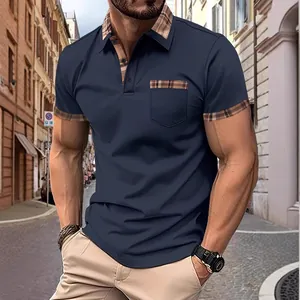 Polo da Uomo Estiva a Maniche Corte Con Colletto Plaid Patchwork Tasca sul Petto Traspirante Polo Casual per Uomo