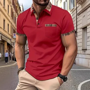 Polo rossa da uomo a maniche corte con elegante colletto a quadri e taschino frontale