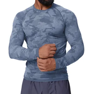 Men's blue camouflage seamless long-sleeve athletic t-shirt for fitness training