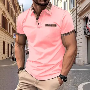 Polo da uomo rosa a maniche corte con rifiniture classiche a quadri