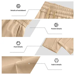 Détails en gros plan du pantalon décontracté kaki pour hommes avec taille ajustée.