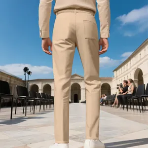 Vue arrière d'un pantalon décontracté beige pour homme à la coupe ajustée